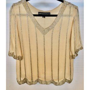 Vintage Judith Ann Creations Gold Beaded Silk Top